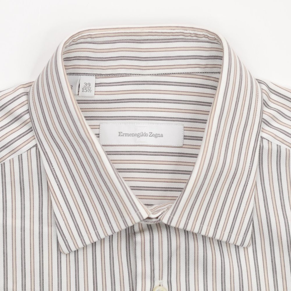 Ermenegildo Zegna Dress Shirt - White w/Tan/Gray Stripes - Size 15.5 X 32.5